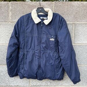 Nike Y2k Vintage Youth Blue Nylon Puffer Jacket Full Zip Sherpa Collar Size 14